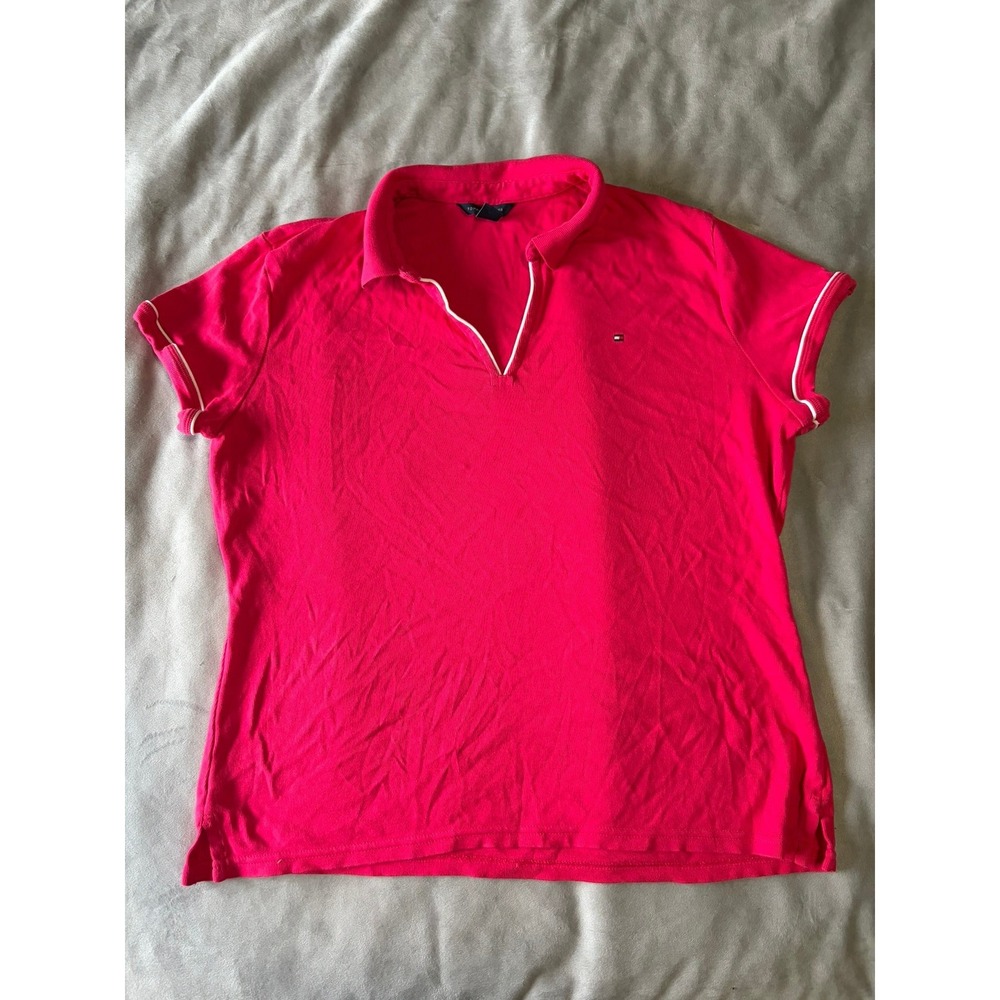 Tommy Hilfiger Womens Pink V-Neck Polo Shirt Short Sleeve Stretch XL